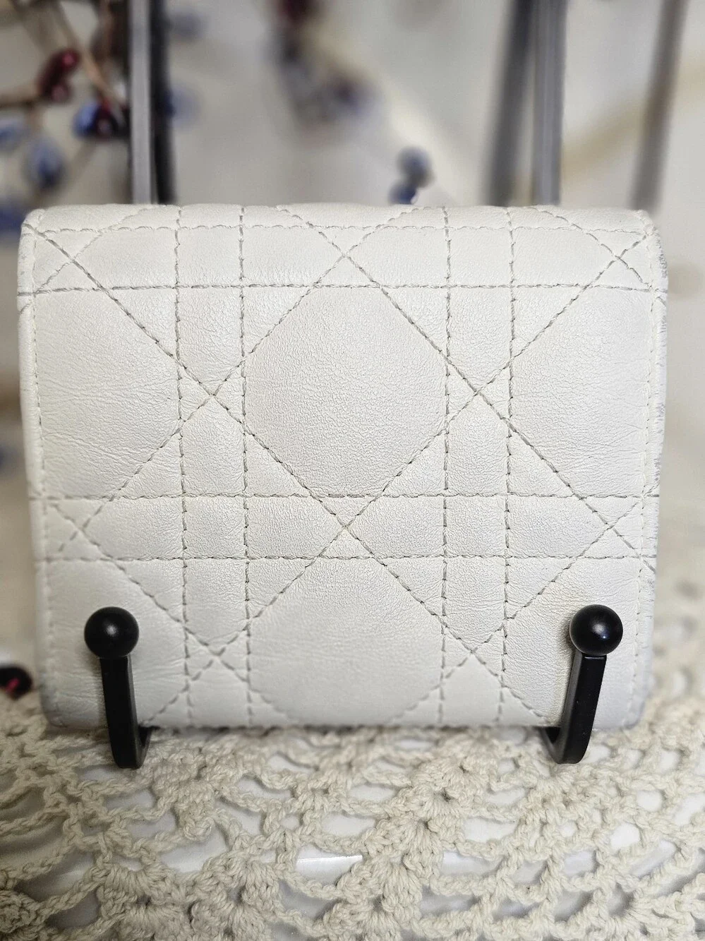 Dior White Quilted Leather Wallet with Gold Pearl Hardware With COA.